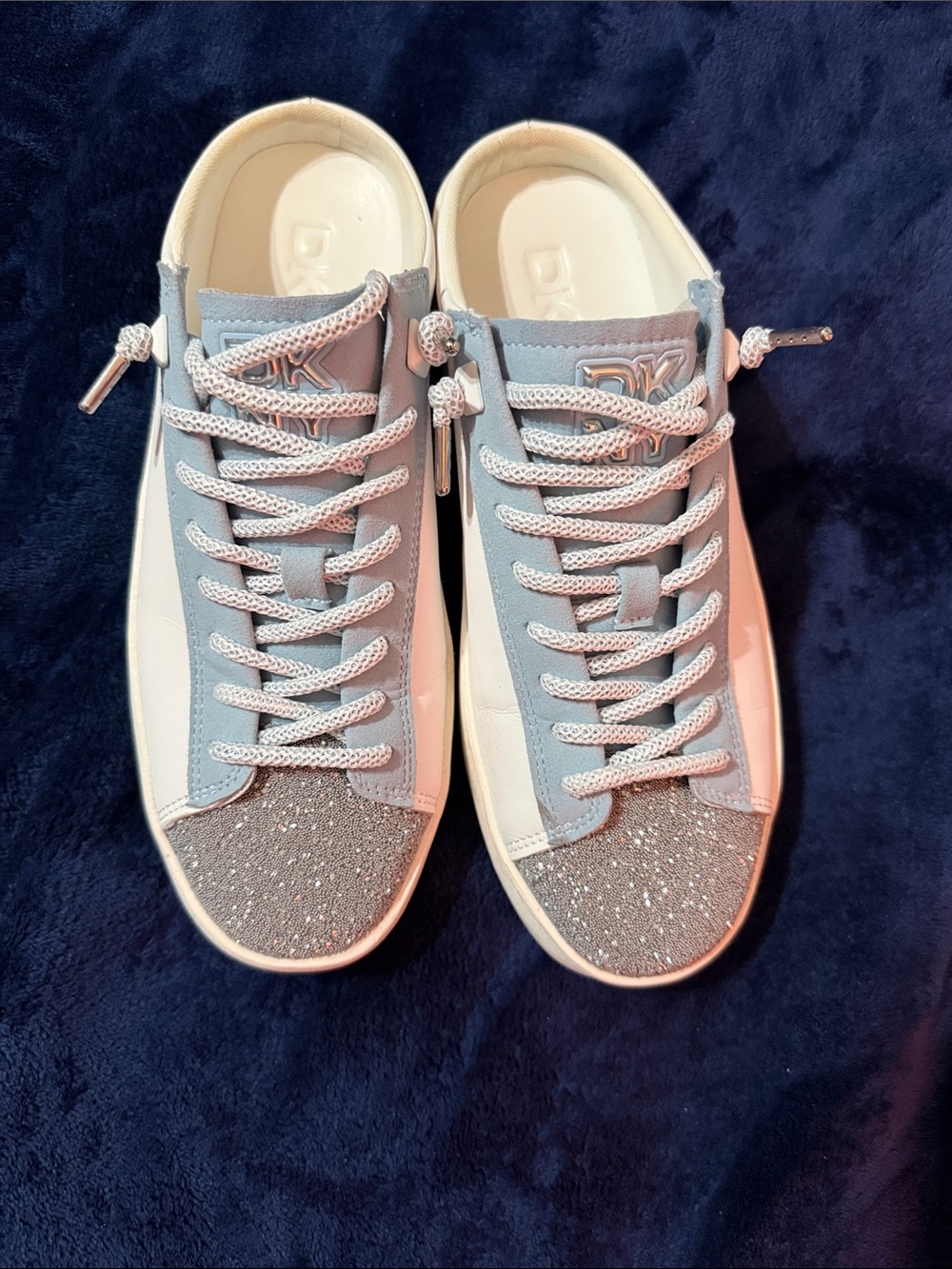 Women's Size 7.5 DKNY Light Blue Sneakers with Silver Glitter Toe